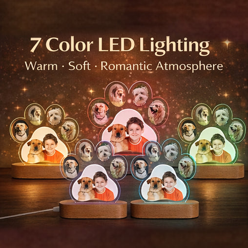 Personalized Paw Print Photo Lamp | Custom 3D Acrylic Night Light with Wooden Base