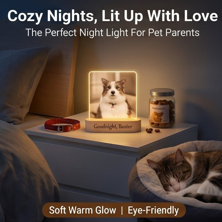 Eternal Light" Personalized Pet Memorial Acrylic Plaque | Custom Photo Keepsake with Warm LED Wooden Base | Heartfelt "Song of Life" Memorial Lamp for Loss of Pet