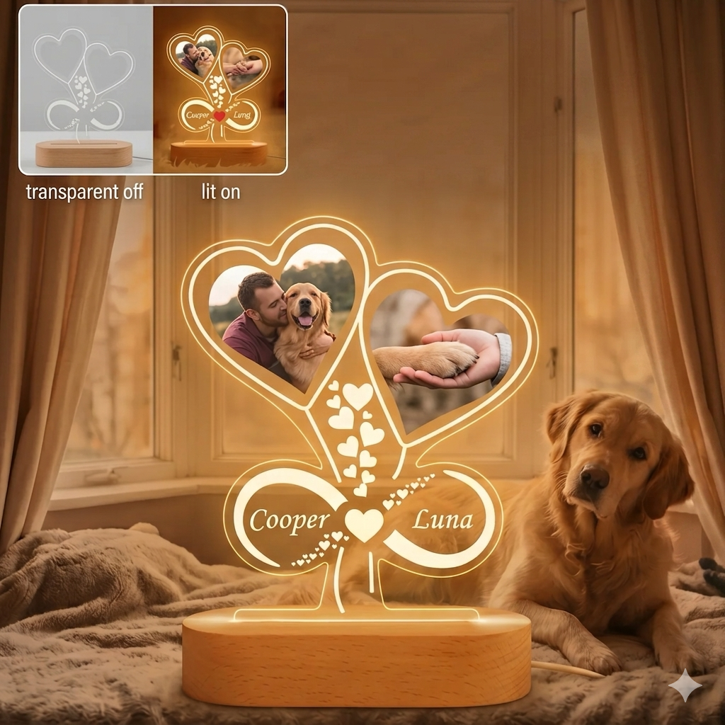Personalized Paw Print Photo Lamp | Custom  Acrylic Night Light with Wooden Base