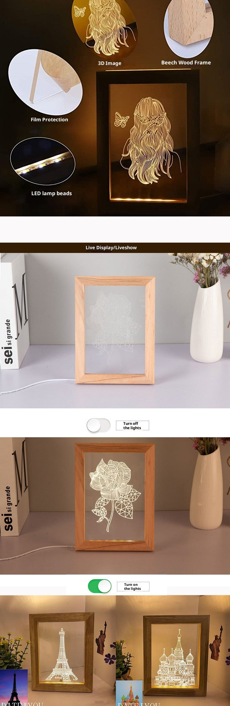E-commerce acrylic lamp, photo frame night light, creative gift, kids gift, valentine's day couple gift