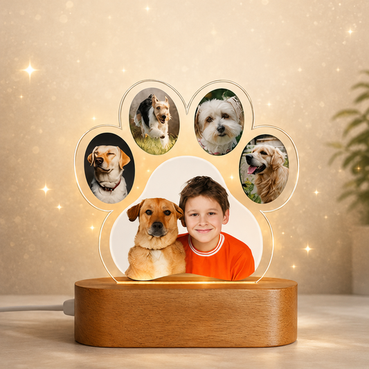 Personalized Paw Print Photo Lamp | Custom 3D Acrylic Night Light with Wooden Base