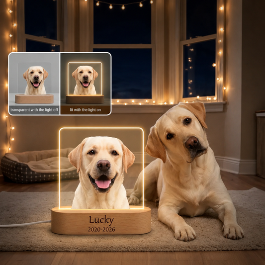 Eternal Light" Personalized Pet Memorial Acrylic Plaque | Custom Photo Keepsake with Warm LED Wooden Base | Heartfelt "Song of Life" Memorial Lamp for Loss of Pet