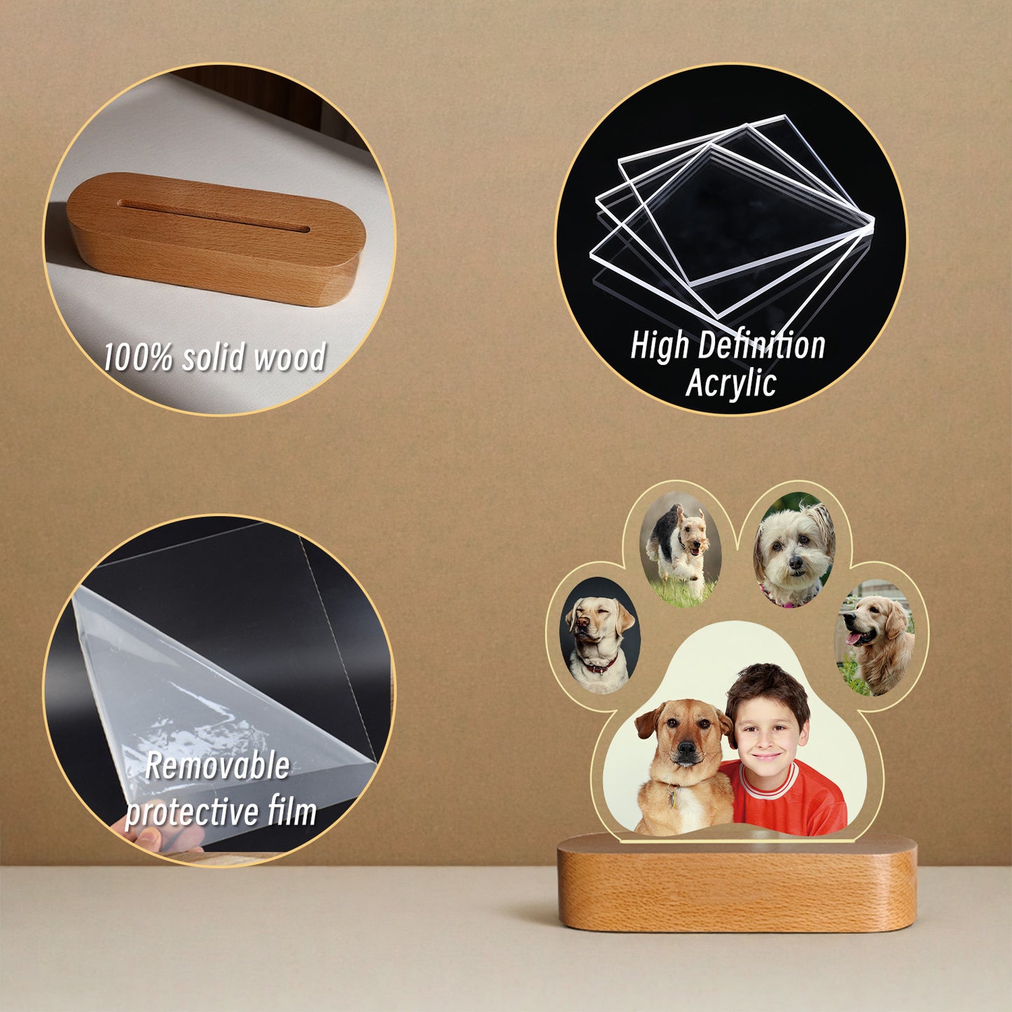 Personalized Paw Print Photo Lamp | Custom 3D Acrylic Night Light with Wooden Base