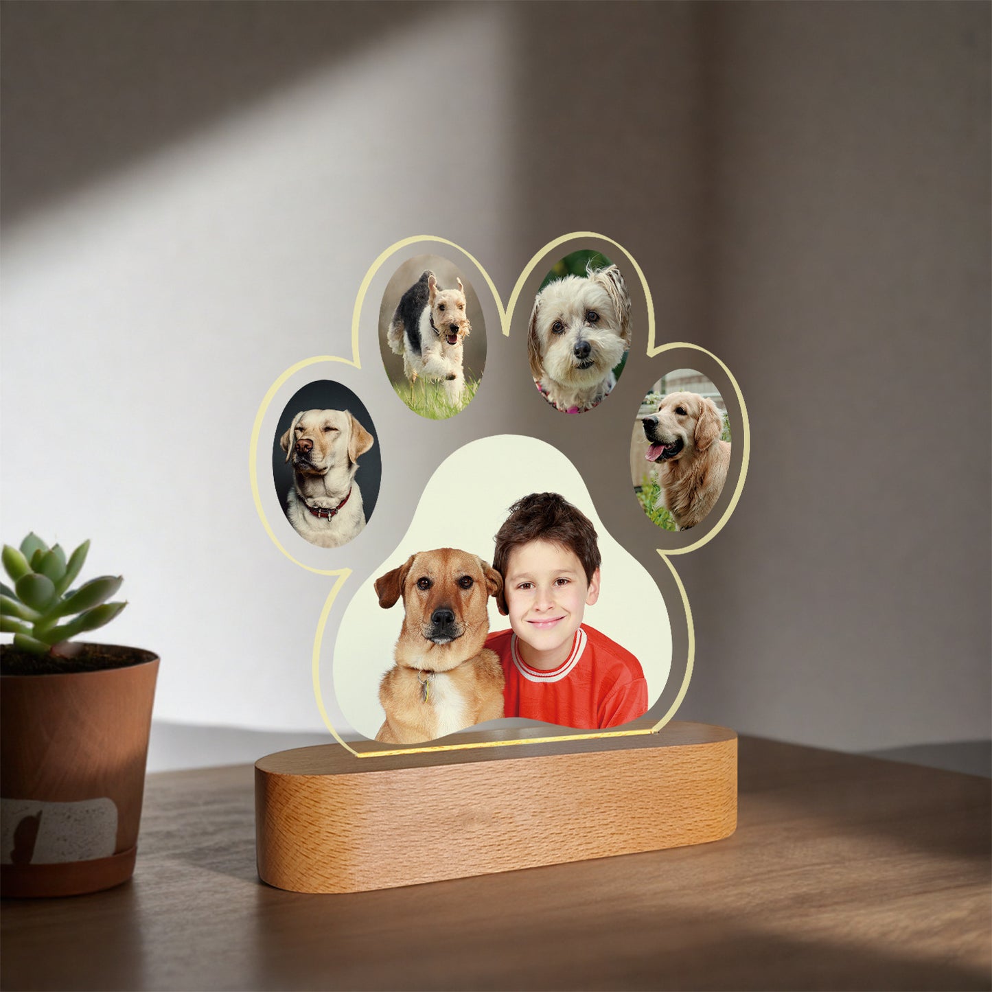 Personalized Paw Print Photo Lamp | Custom 3D Acrylic Night Light with Wooden Base