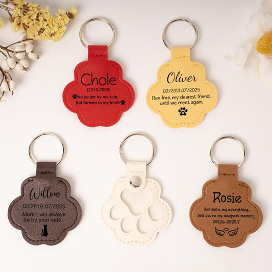 Custom Pet Hair Keepsake Keychain - Personalized Leather Dog Paw Memorial Keyring