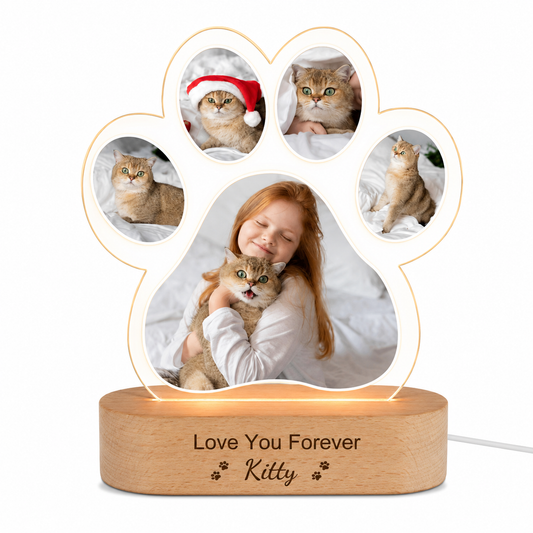 Personalized Paw Print Photo Lamp | Custom 3D Acrylic Night Light with Wooden Base