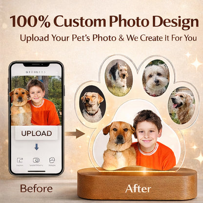 Personalized Paw Print Photo Lamp | Custom 3D Acrylic Night Light with Wooden Base