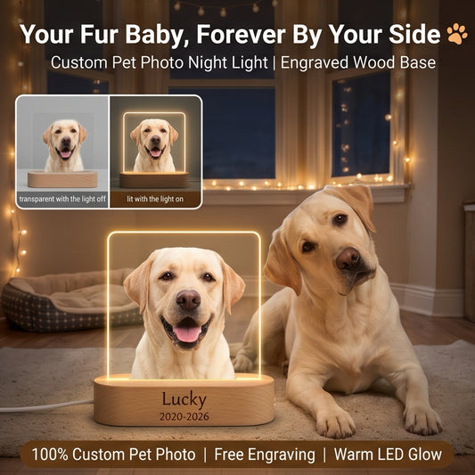 Eternal Light" Personalized Pet Memorial Acrylic Plaque | Custom Photo Keepsake with Warm LED Wooden Base | Heartfelt "Song of Life" Memorial Lamp for Loss of Pet