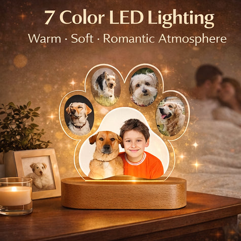 Personalized Paw Print Photo Lamp | Custom 3D Acrylic Night Light with Wooden Base