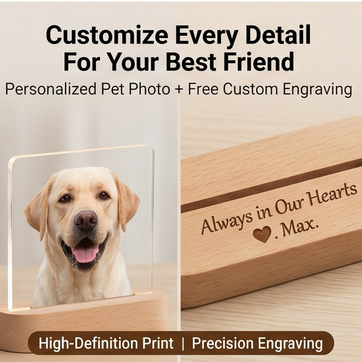 Eternal Light" Personalized Pet Memorial Acrylic Plaque | Custom Photo Keepsake with Warm LED Wooden Base | Heartfelt "Song of Life" Memorial Lamp for Loss of Pet