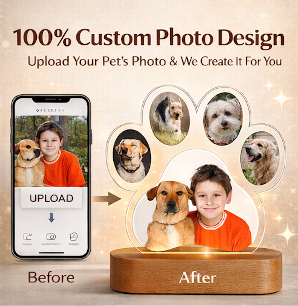 Personalized Paw Print Photo Lamp | Custom 3D Acrylic Night Light with Wooden Base