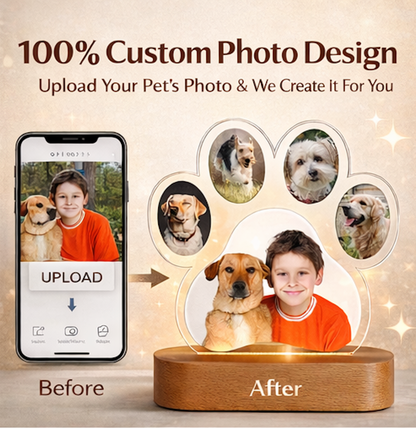 Personalized Paw Print Photo Lamp | Custom 3D Acrylic Night Light with Wooden Base