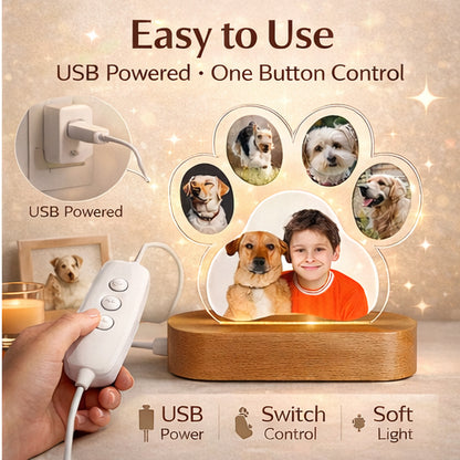 Personalized Paw Print Photo Lamp | Custom 3D Acrylic Night Light with Wooden Base